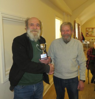 The orchard Woodturners trophy won by Nick Adamek collected on his behalf by the previous winner Bill Burden